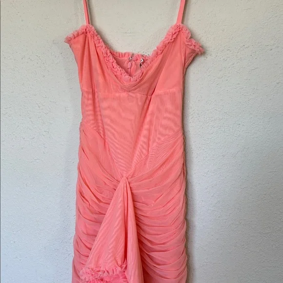House of Cb Gabbi Peach Ruffle Front Gown Mesh High-Low Cocktail Dress NWOT M - Picture 8 of 11